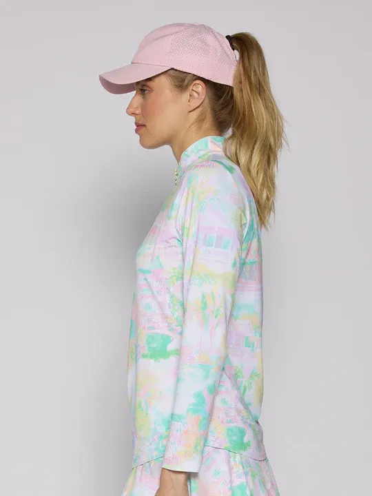 Womens G-Lifestyle G Lifestyle Long Sleeve Print Zip Mock Neck Top - Pastel Village