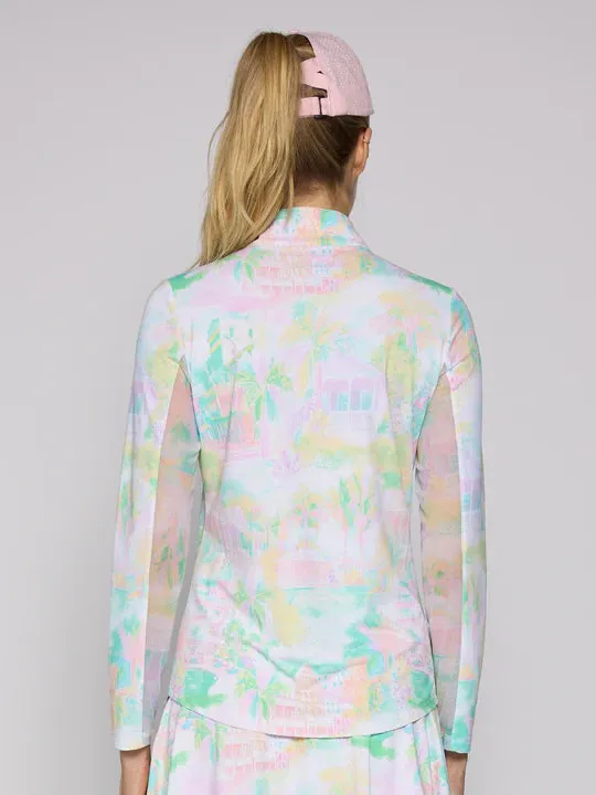 Womens G-Lifestyle G Lifestyle Long Sleeve Print Zip Mock Neck Top - Pastel Village