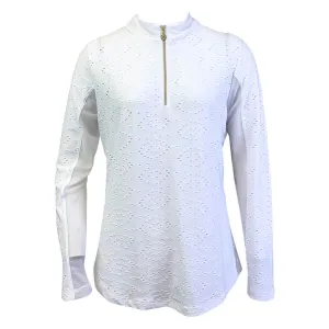 Womens G-Lifestyle G Lifestyle Long Sleeve Solid Zip Mock Neck Top - White Eyelet